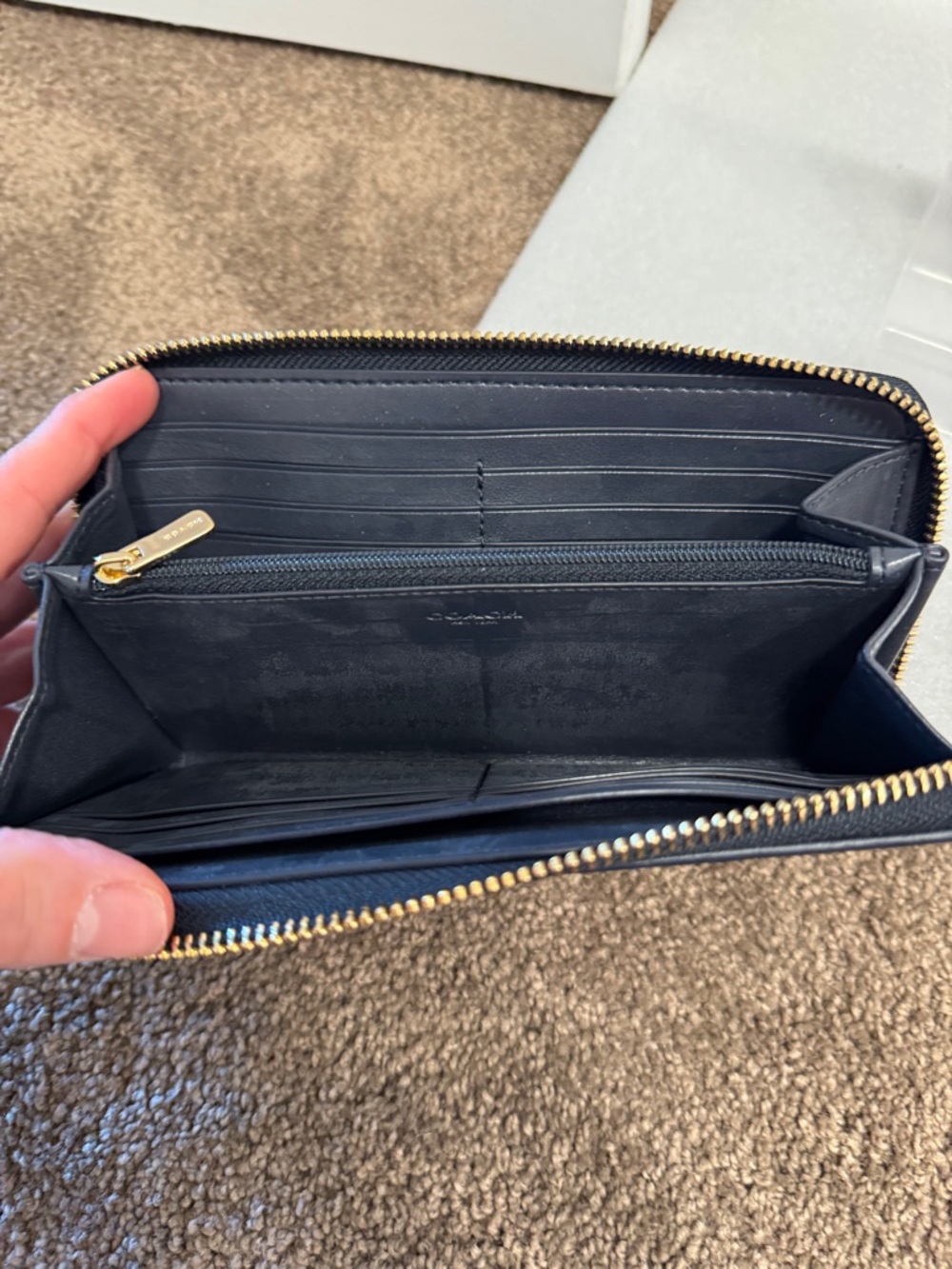 Coach Brown Monogram Zip Wallet with navy blue stripe wallet - Picture 5 of 6